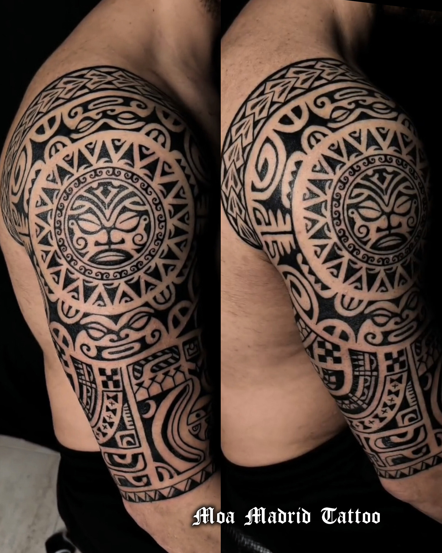 Tatuaje maorí con sol de hombro a codo